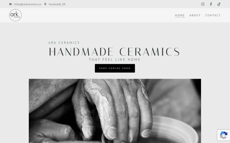 Screenshot of the ARK Ceramics website homepage, designed by RJ Designs